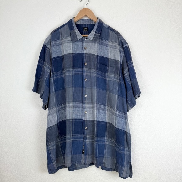 Ike Behar Men’s 100% Linen Plaid Button Down Front Short Sleeve Shirt XXL - Picture 1 of 9